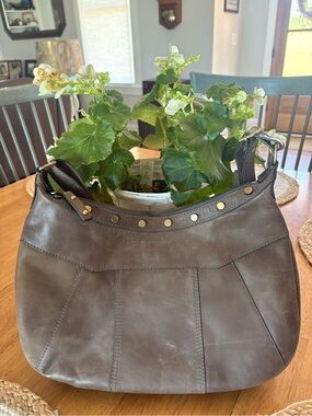 Dina True Dark Taupe/Brown Leather Bag with Brass-tone Stud Accents